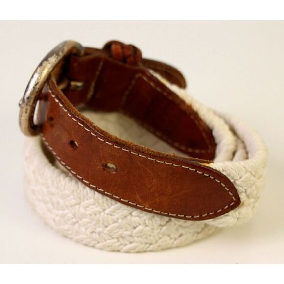 Eddie Bauer BROWN REAL LEATHER 1 1/8"Wd WOVEN WHITE CORD WOMEN'S BELT S/M (A47 - Picture 3 of 9